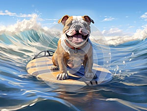 puppy english bulldog playing with a surfboard on the sea, illustration