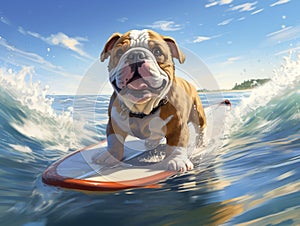 puppy english bulldog playing with a surfboard on the sea, paint, illustration