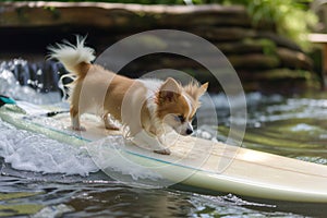 puppy executing a turn on surfboard in shallow water