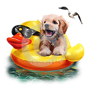 Puppy floats on an inflatable duck watercolor drawing