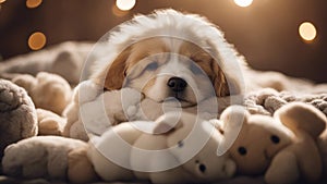 puppy floor A slumbering puppy wrapped in a fluffy cloud blanket, surrounded by a circle of sleeping stuffed animals