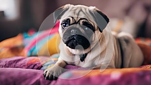 puppy forlorn pug puppy with big, soulful eyes, sitting amidst a pile of soft, colorful pillows, photo