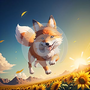Puppy fox in the field with sunflowers. Generative AI
