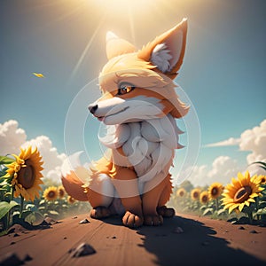 Puppy fox in the field with sunflowers. Generative AI