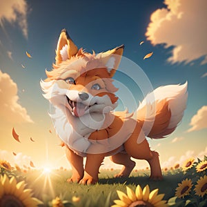 Puppy fox in the field with sunflowers. Generative AI