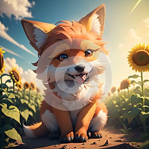 Puppy fox in the field with sunflowers. Generative AI