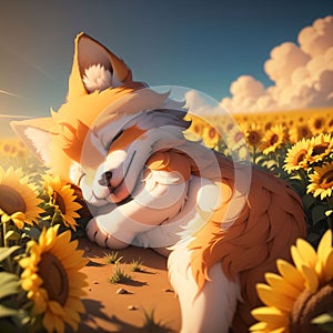 Puppy fox in the field with sunflowers. Generative AI