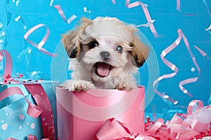 Puppy in a gift box. On the background bright confetti, ribbons. Concept for a postcard