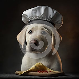 puppy golden retriever dressed with clothes. Dog in the kithen dressed as chef