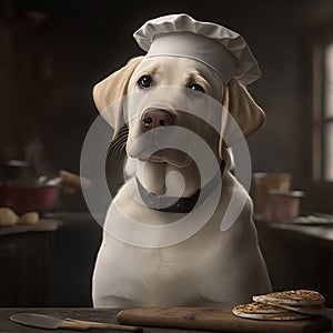 puppy golden retriever dressed with clothes. Dog in the kithen dressed as chef