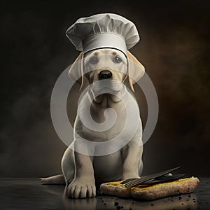 puppy golden retriever dressed with clothes. Dog in the kithen dressed as chef