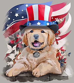Puppy of a golden retriever in a hat. USA Independence Day