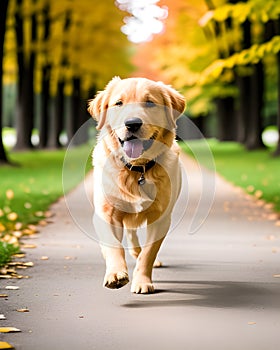 Puppy of golden retriever runs along the Park path.