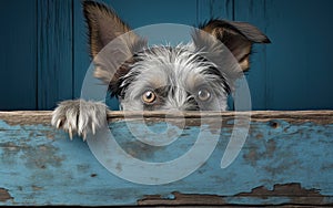 Puppy head with paws up peeking over grunge blue wooden background. Little dog curiously peeking out from behind blue
