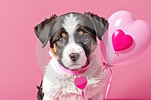 a puppy with a heart shaped balloon on a pink background, generative ai