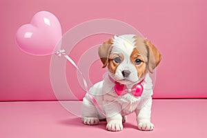 a puppy with a heart shaped balloon on a pink background, generative ai