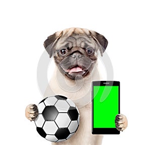 Puppy holding a smartphone and soccer ball. Isolated on white background