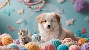 puppy and a kitten An adorable assembly of a puppy and kitten, playing amidst a pile of soft toys and colorful yarn balls