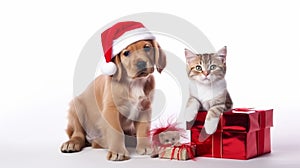 puppy and kitten in red christmas hats sitting with gift box. ai generative