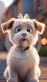 a puppy looking to the side sitting on the street in front of buildings