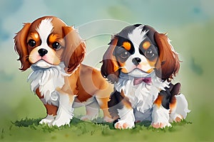 Puppy Love Duo - Watercolor Baby Cavalier King Charles Pair