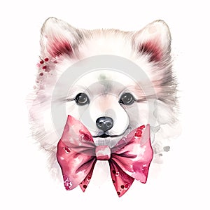 Puppy Love: A Sweet and Fun Samoyed in Watercolor with a Bow and Glasses Stock Photo to Brighten Up Your Day! AI Generated
