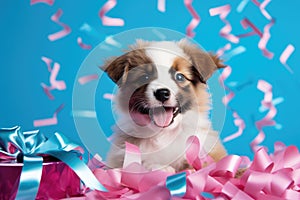 Puppy near the gift box. On the background bright confetti, ribbons. Concept for a postcard
