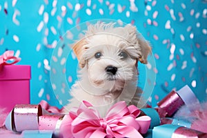 Puppy near the gift box. On the background bright confetti, ribbons. Concept for a postcard