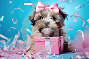 Puppy near the gift box. On the background bright confetti, ribbons. Concept for a postcard