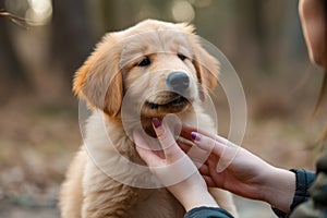 puppy nipping at owner's hand, playfully learning their boundaries photo