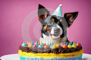 Puppy party time with a delicious cake. Generative AI