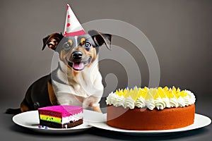 Puppy party time with a delicious cake. Generative AI