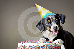 Puppy party time with a delicious cake. Generative AI