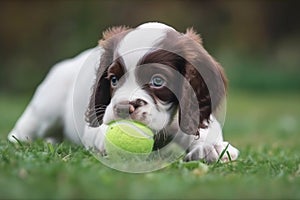 Puppy pet dog playing in garden with ball