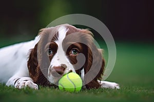 Puppy pet dog playing in garden with ball