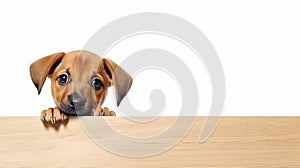 Puppy photobombing empty board on white background photo