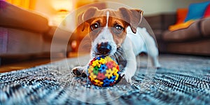 A puppy playing with a toy in a domestic living room, running and jumping around with a cheerfu