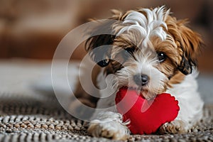 Puppy with plush sof red heart Lover Valentine puppy dog with a red heart photo