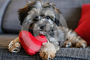 Puppy with plush sof red heart Lover Valentine puppy dog with a red heart