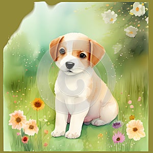 Puppy and Posies - Watercolor Art of a Cute Pup Surrounded by Blooms photo