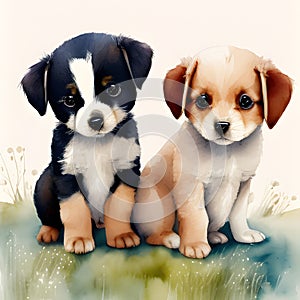 Puppy Power x 2 - Two Spirited Watercolor Pups. AI Generated photo