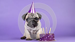 Puppy pug in the birthday cap. Copy space. Generative AI