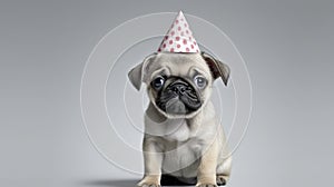 Puppy pug in birthday cap. Generative AI