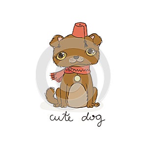 Puppy pug in a fez with a tassel. For color books or print.