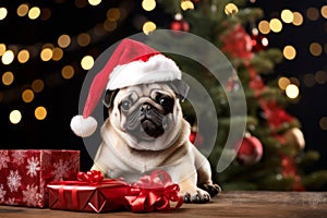 Puppy pug wearing a Santa hat on a Christmas background. New Year and Christmas holidays concept