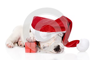 Puppy with red gift box and red santa hat. isolated on white
