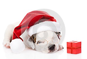 puppy with red gift box and santa hat. isolated on white background