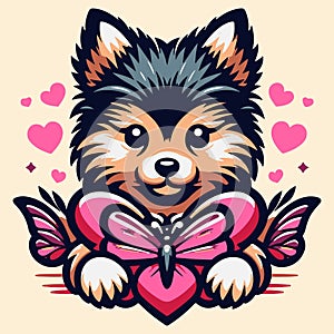 Puppy\'s playful interaction with butterfly amidst hearts