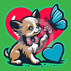 Puppy\'s playful interaction with butterfly amidst hearts