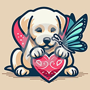 Puppy\'s playful interaction with butterfly amidst hearts